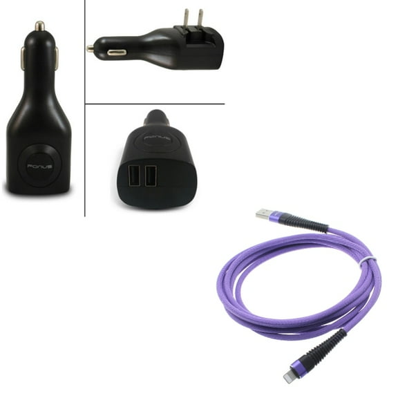 Charger Cord Purple 10ft USB Cable w 2-in-1 2-Port USB Car Home Charger G8N for iPad Pro 10.5 Mini 4 Air 2, iPhone 7 6S 6 Plus 5S 5C 5, 9.7, 11 Pro
