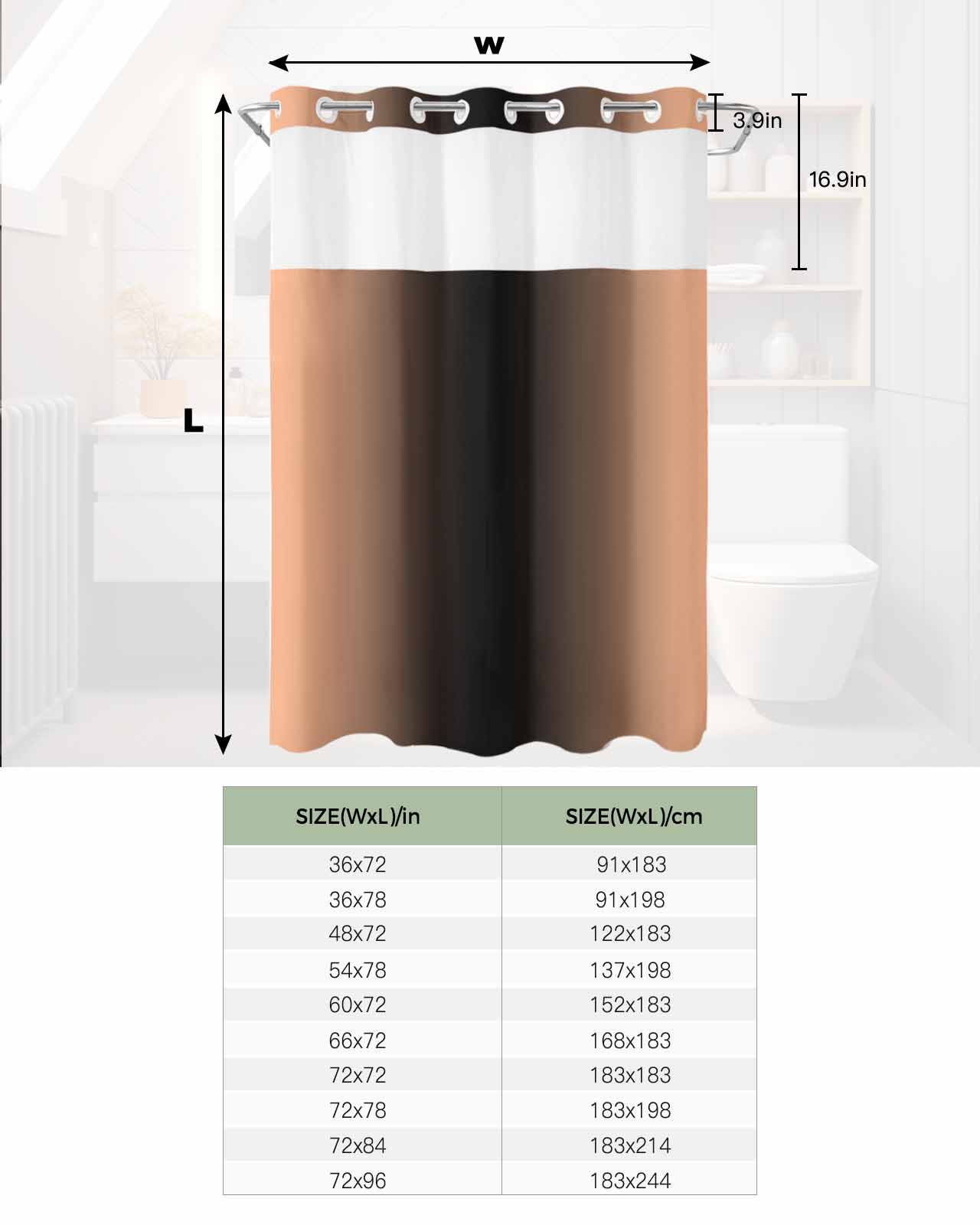 No Hook Shower Curtain with Snap in Liner, Ombre Abstract Gradient Coral Pink and Black Hotel Shower Curtains for Bathroom, Washable Shower Curtain Liner Set with Mesh Top Window, 72"x72"