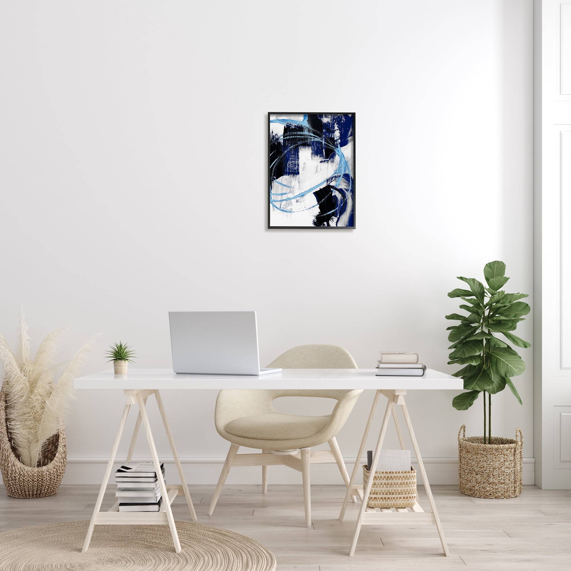 Stupell Industries Energetic Blue Indigo Line Abstraction Chaotic Shapes Abstract Painting Black Framed Art Print Wall Art, 16 x 20