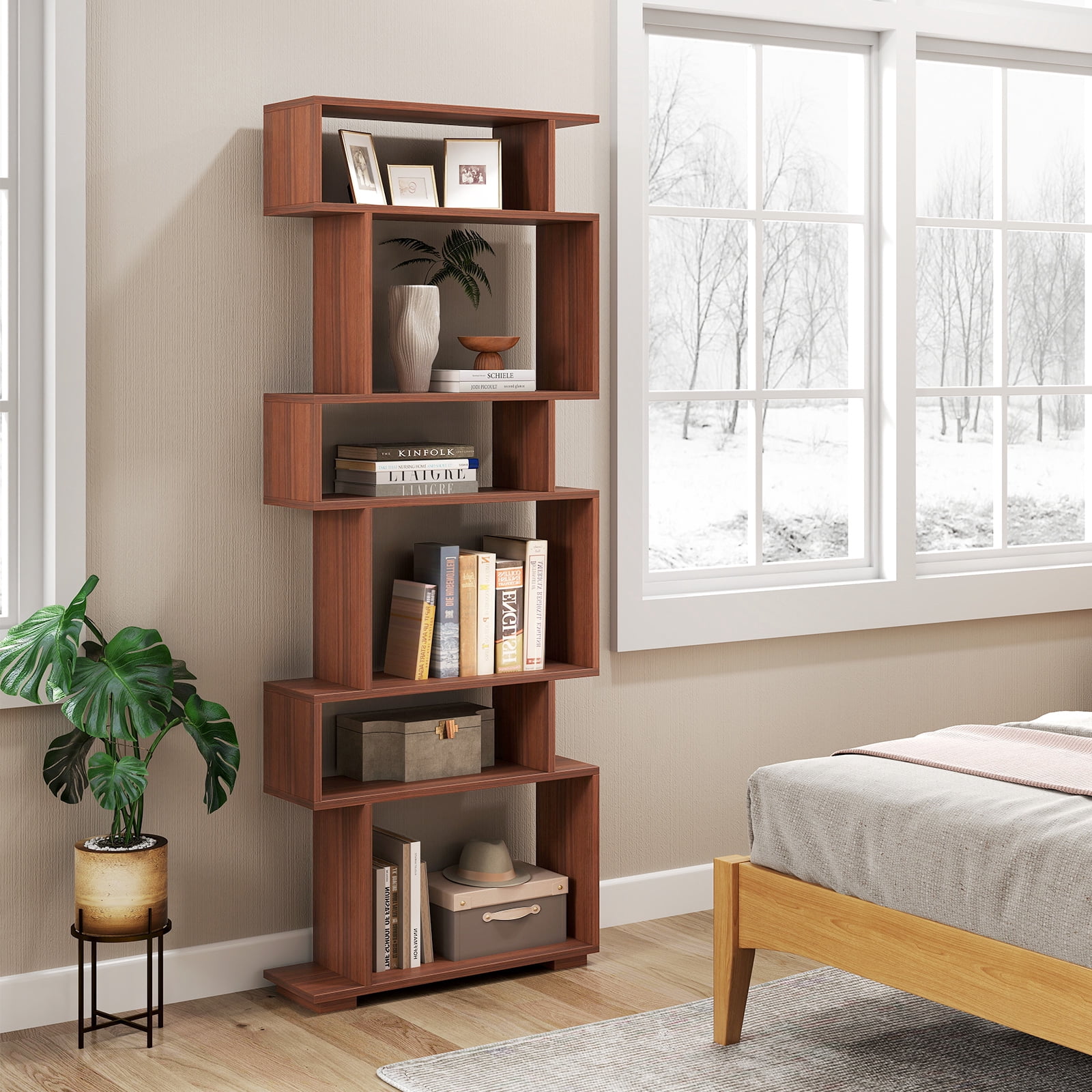Costway 6-tier Storage Bookshelf S-shaped Geometric Bookcase with Anti-toppling Kits Orange