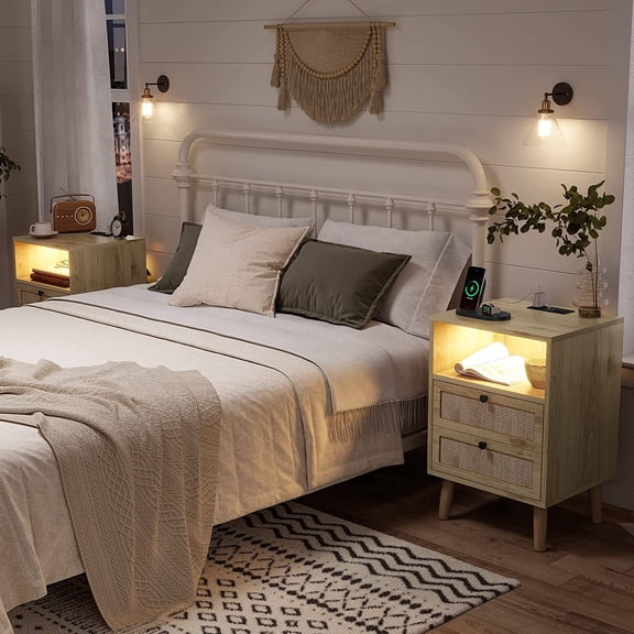 Torveric Nightstand for Bedroom Set of 2 with Charging Station & 2 Storage Drawers Boho Bedside Table with Open Shelf