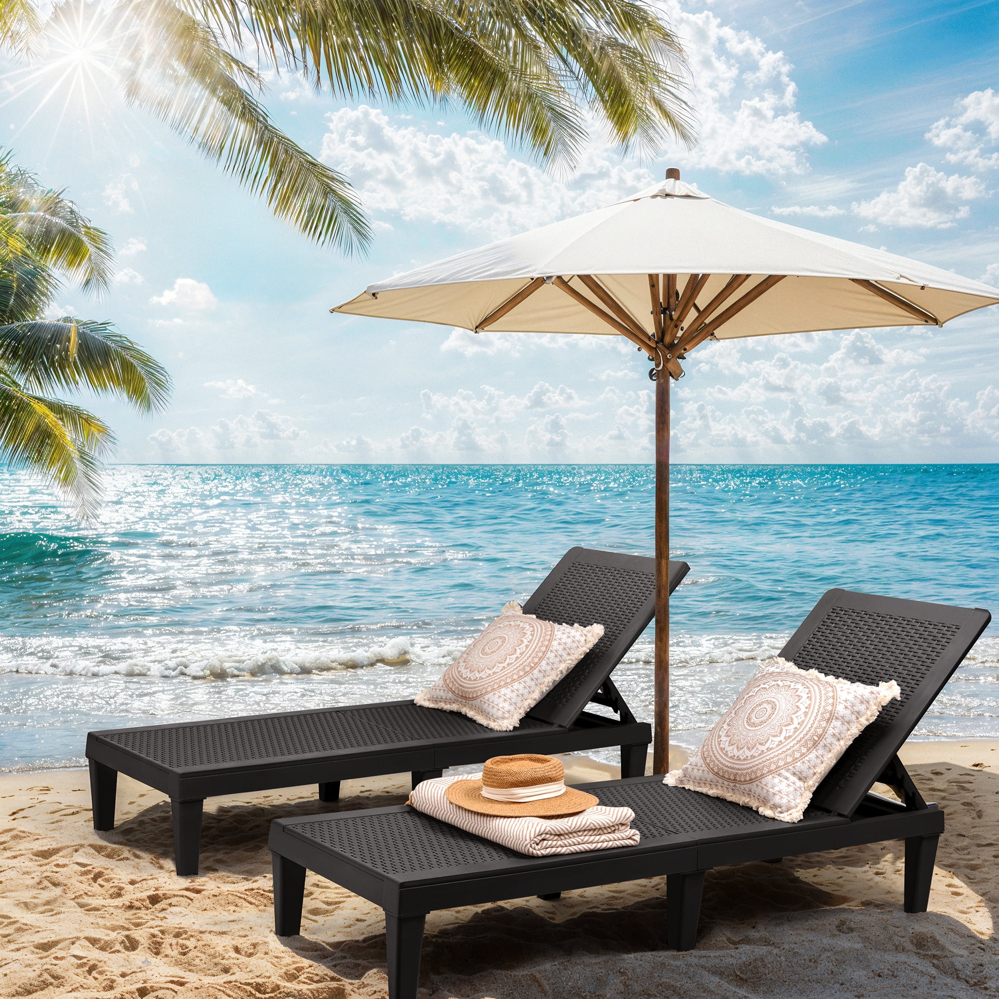 Devoko Set of 2 Outdoor Patio Chaise Lounge Chairs, Rattan Style, Multi-angle Adjustable Back, Black