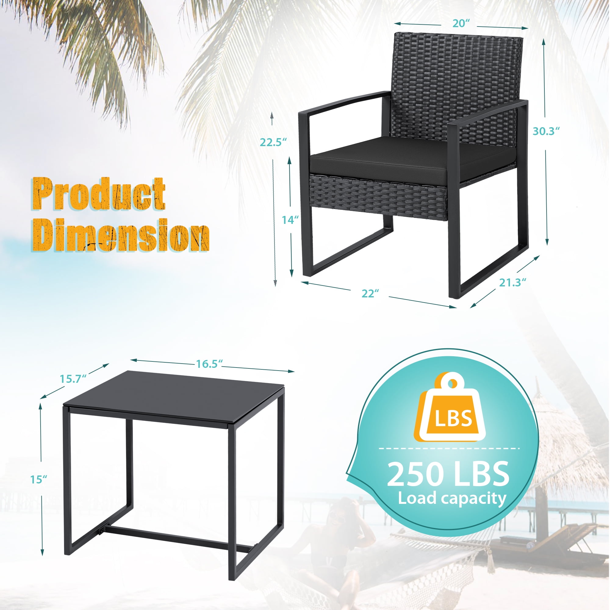 Lacoo 3 Pieces Outdoor Bistro Chair Set PE Rattan Patio Conversation Set of 2 with Cushion and Coffee Table, Black