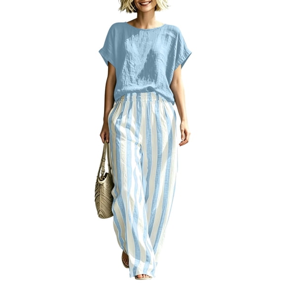 Women Casual 2 Piece Lounge Set Loose Short Sleeve Top and Wide Leg Pants Striped Matching Outfit Soft Breathable Relaxed Fit Travel Vacation Everyday Wear Comfortable Fashion Set