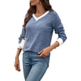 thumbnail image 2 of Women V Neck Color Block Long Sleeve Shirts-Casual Fall Light-Weight Tunic Sweaters Fashion Outfits Colorful Blue XXL, 2 of 10