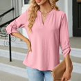 thumbnail image 4 of MIXUE Womens Summer Tops Summer Solid Color V Neck 3/4 Sleeve Loose Casual T-shirts Daily-Wear,Pink,M, 4 of 6