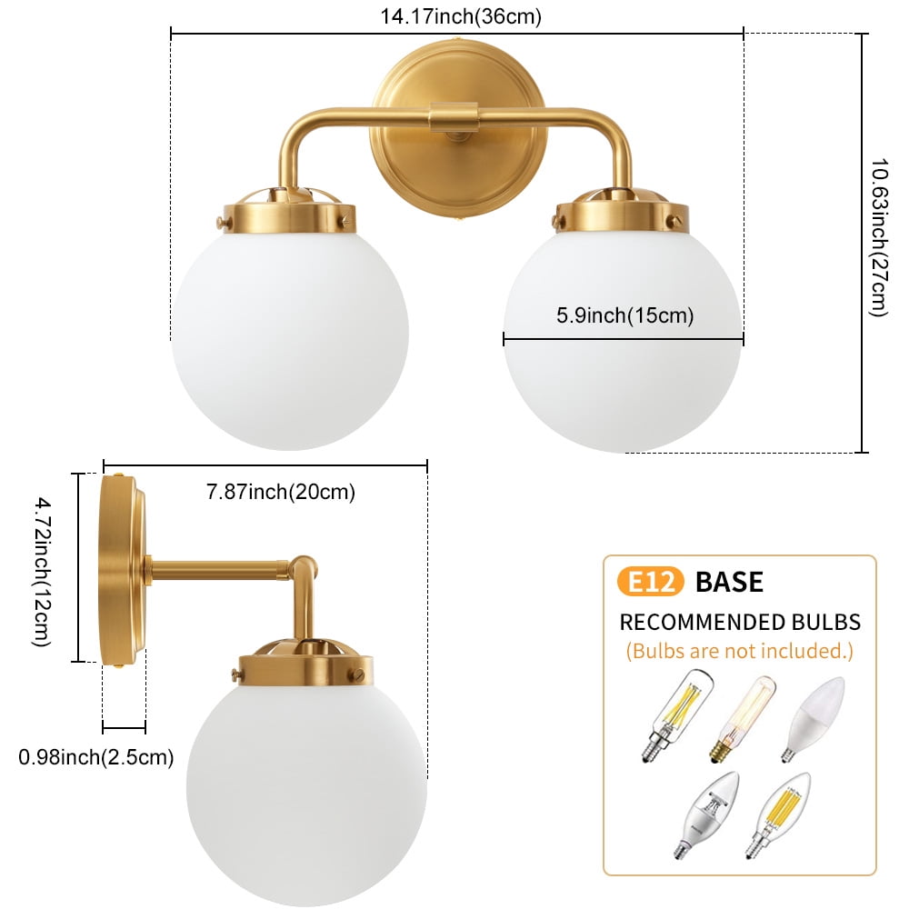 Bathroom Light Fixtures Gold 2-Light Globe Mordern Vanity Light Fixtures Over Mirror with White Globe Shade