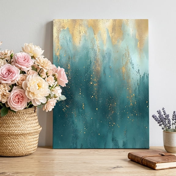 Modern Teal Gold Canvas Wall Art, Geometric Lines Abstract Framed Canvas Wall Decor Picture Print Artwork Decorations for Living Room Office Ready to Hang 14" x 11"