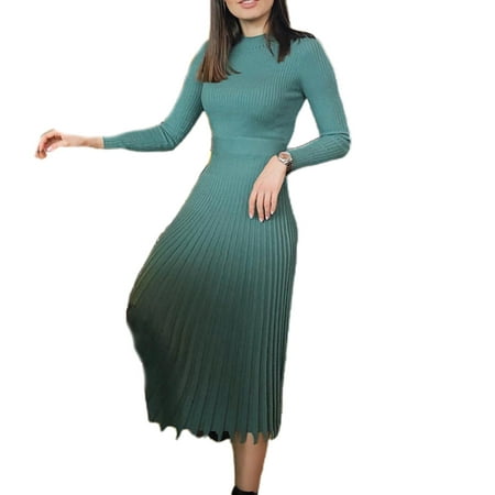 Women Autumn Long Sleeve Ribbed Knit Midi Long Sweater Dress Mock Neck Slim Fit Pleated Flare Empire Waist Solid Color Stretchy Streetwear