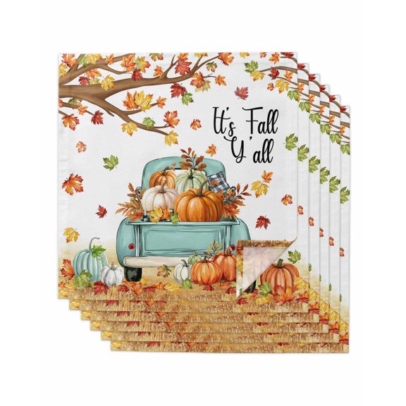 Thanksgiving Cloth Napkins Set of 6 Reusable Dinner Napkins, Farmhouse Fall Truck Maple Leaf Pumpkin Cocktail Napkin Washable Table Napkins for Wedding/Holiday Party/Baby Shower 20"x20"