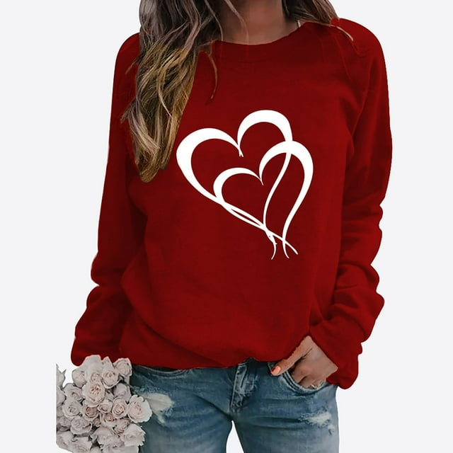 BVOFAR T-Shirts à Manches Longues pour Femmes, Décontractés, Mignons, avec Motif Cœur, Col Rond, Tendance, 2025