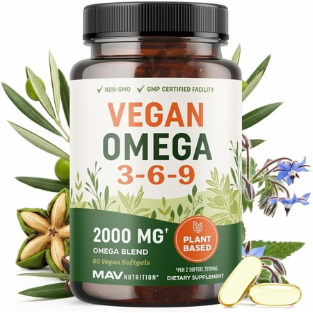 MAV Vegan Omega 3-6-9 Triple Omega Supplements – 2000MG Plant-Based Blend, 60 Ct
