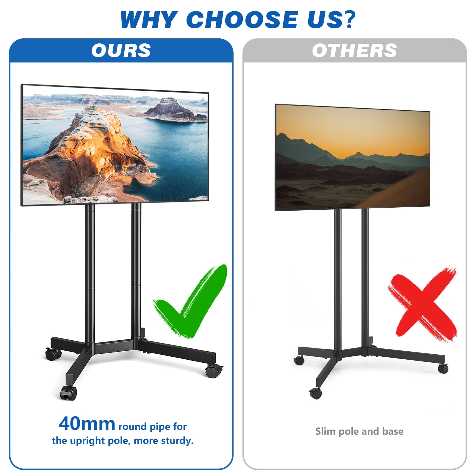 RTVR Rolling TV Cart Stand for 32 to 70 inch Flat Curved Screens, Portable Mobile TV Stand on Wheels, Metal Black