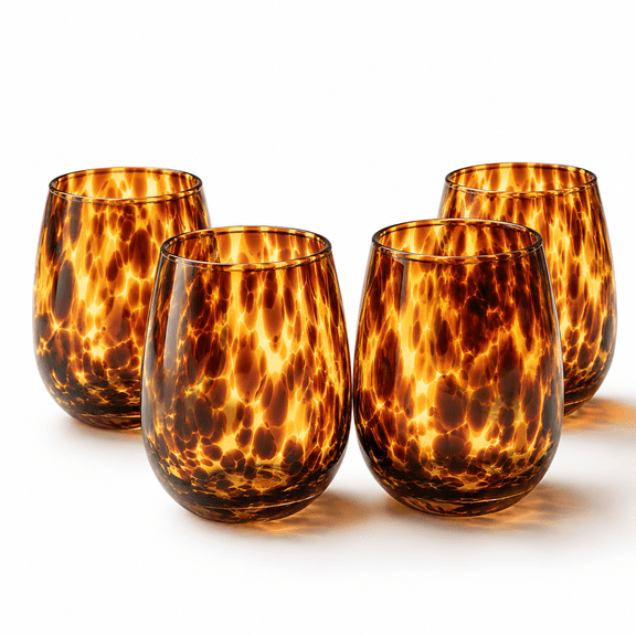 Tortoise Shell Stemless Wine and Water 16.91 Oz Borosilicate Glass Tumbler Set of 4