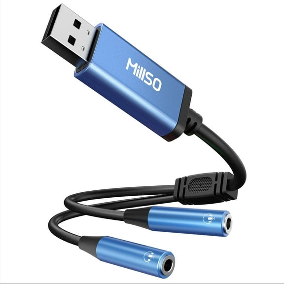 MillSO USB to Dual 3.5mm Audio Jack Splitter, TRRS External Stereo Sound Card Headphone Stereo Jack Adapter for Two Headphones, Speakers to a PC, Laptop, Desktop, PS4, PS5, 1 feet