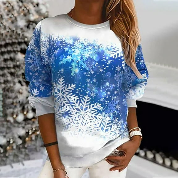 jsaierl Christmas Sweatshirts for Women Round Neck Long Sleeve Shirts Snowflake Print Tops Workout Casual Fall Blouse Tee Pullover Christmas Gifts for Teen Girls