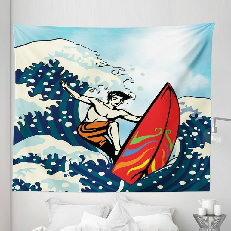 Surf Tapestry Summer Themed Abstract Cartoon with Surfer Boy on Vintage Design Ocean Waves Print Fabric Wall Hanging Decor for Bedroom Living Room