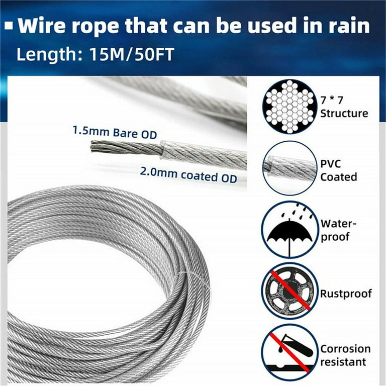 Sufanic 49ft 2mm Stainless Steel Wire Rope Cable Hooks Hanging Kit Tent Rope, Size: 1.9