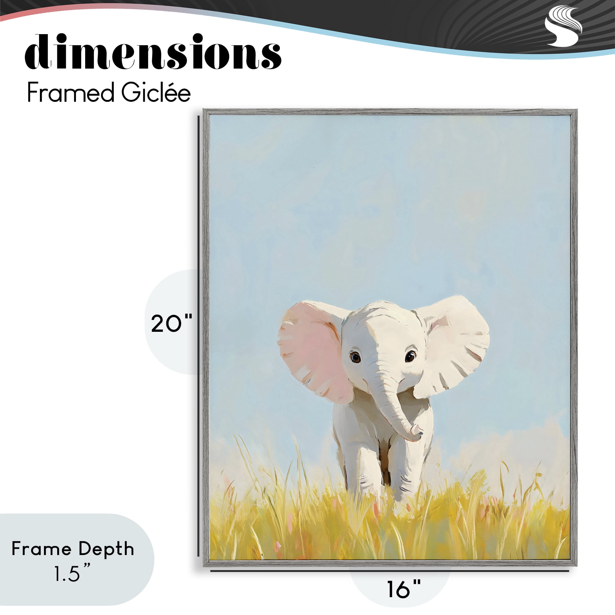 Stupell Industries White Baby Elephant in Grass Gray Framed Giclee Art, design by The Prints Vibe