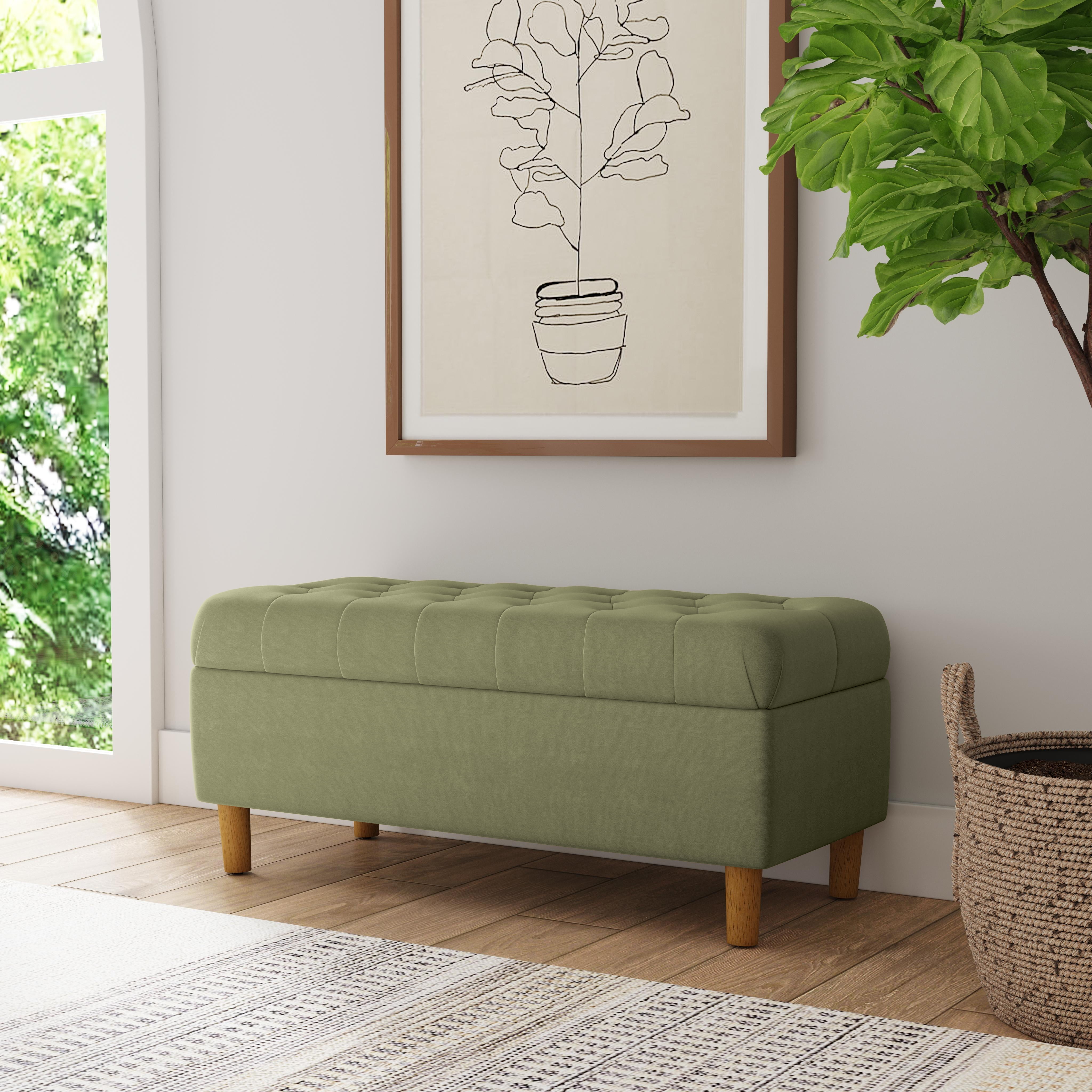 HomePop Button Tufted Storage Bench, 40"W x 18"D x 18"H, Light Sage Green Velvet
