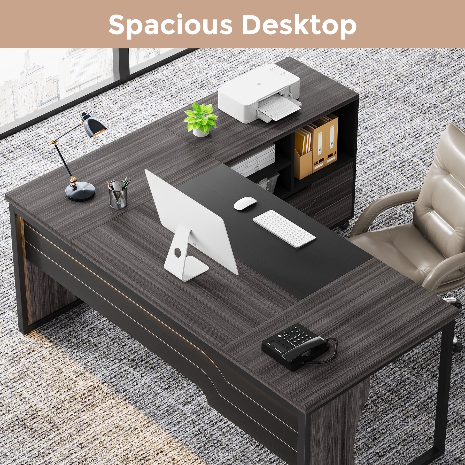 Condemo L Shaped Executive Office Desk with Mobile File Cabinet and LED Light, 63 inch Large Computer Table Business Furniture with Storage and Drawers for Home Office, Gray and Black