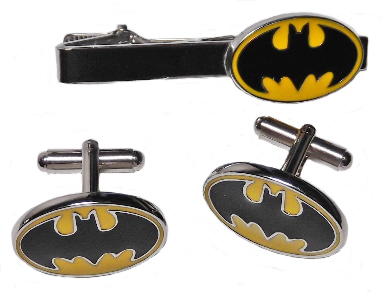 BATMAN Bat Symbol Silvertone/Black Enamel TIE CLIP & CUFFLINKS Set 