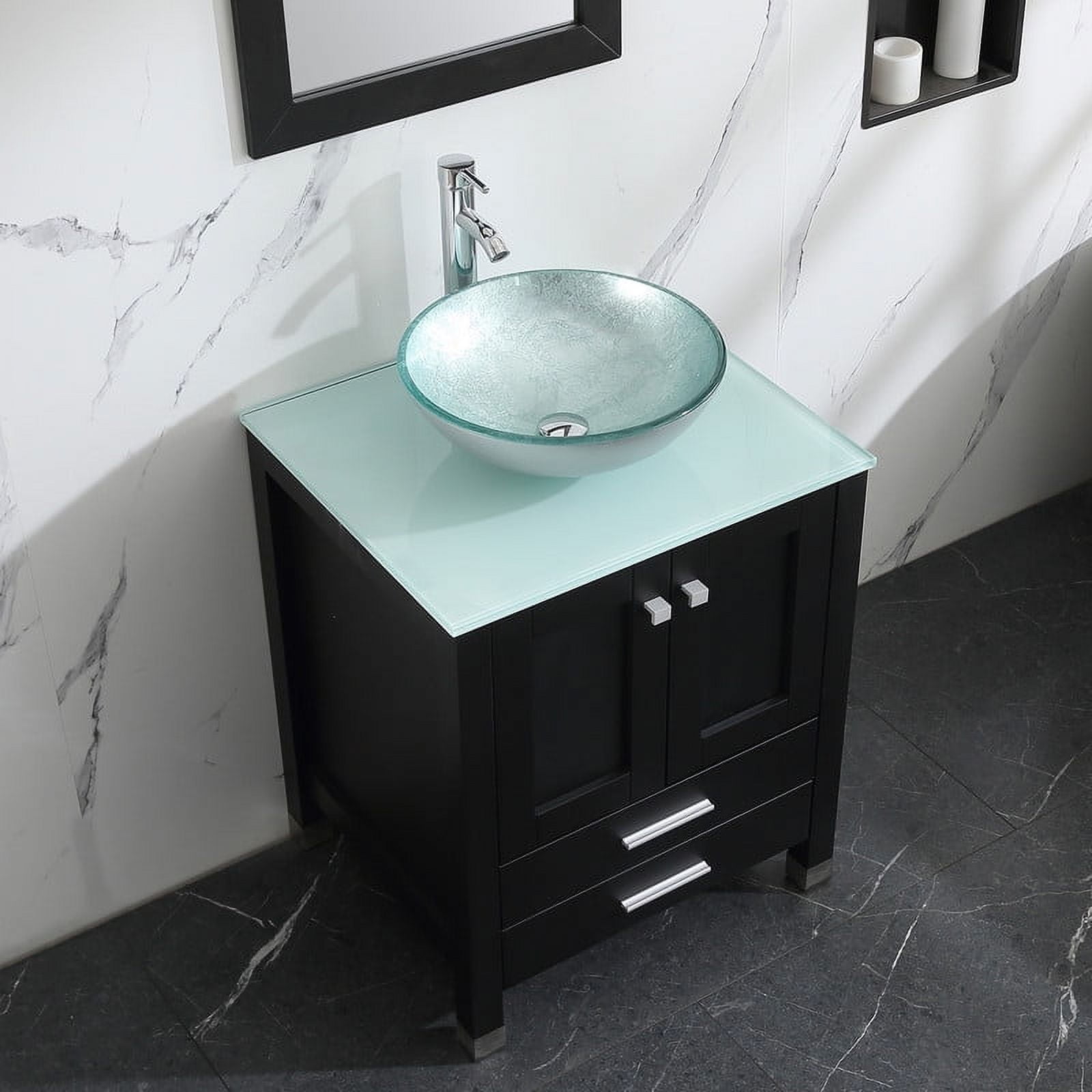 Walsport 24" Luxurious Bathroom Vanity and Sink Combo Cabinet with Silver Glass Vessel Sink and Faucet Pop Up Drain,Black