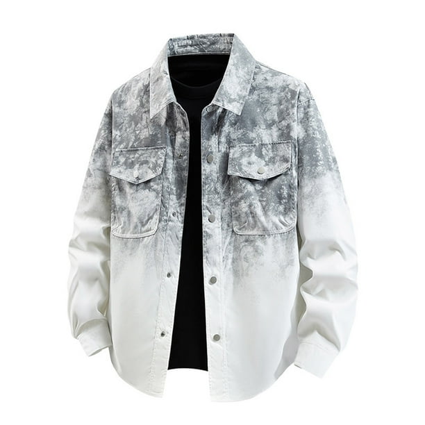 Blusa y camisa de manga larga con cuello vuelto para hombre, moda masculina, con estampado degradado, hebilla, doble bolsillo, manga larga, cuello, abrigo, blusa de poliéster para hombre