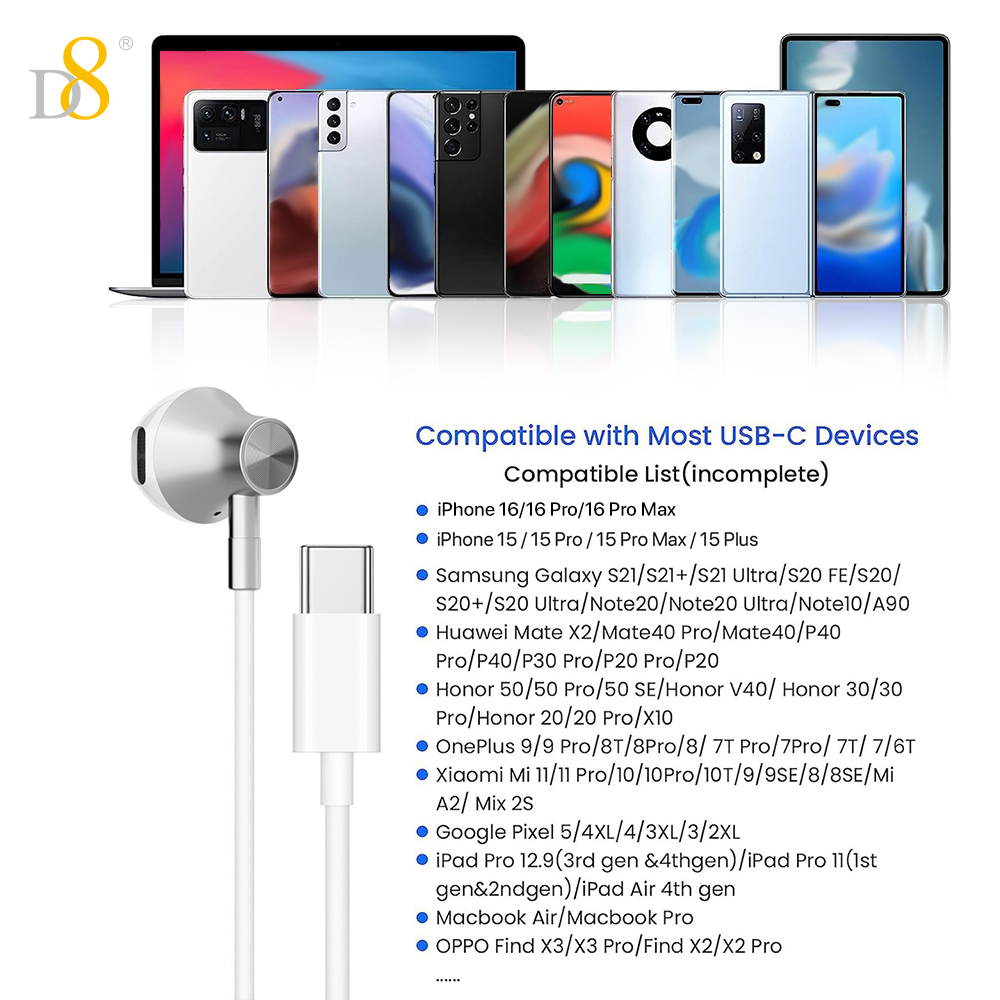 D8 iPhone15 USB Type C Headphones in Ear Earphones Earbuds with Mic and Volume Control ,Compatible for iPhone16/16Pro/16Pro Max/Samsung Galaxy S23 S22 S21 Ultra S20 FE Note 20 10 A53, Google Pixel 7