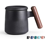 Taoci Tea Mug Ceramic Tea Cup Handle Wooden with Infuser and Lid 12.5 Ounce Porcelain Cup for Steeping Loose Leaf Tea (Black)