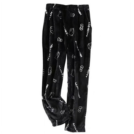 

In Stock Sanrio Hello Kitty Flannel Pajamas Black Women S Warm Woolen Cartoon Casual Home Pants In Autumn Winter Fashion Trouser