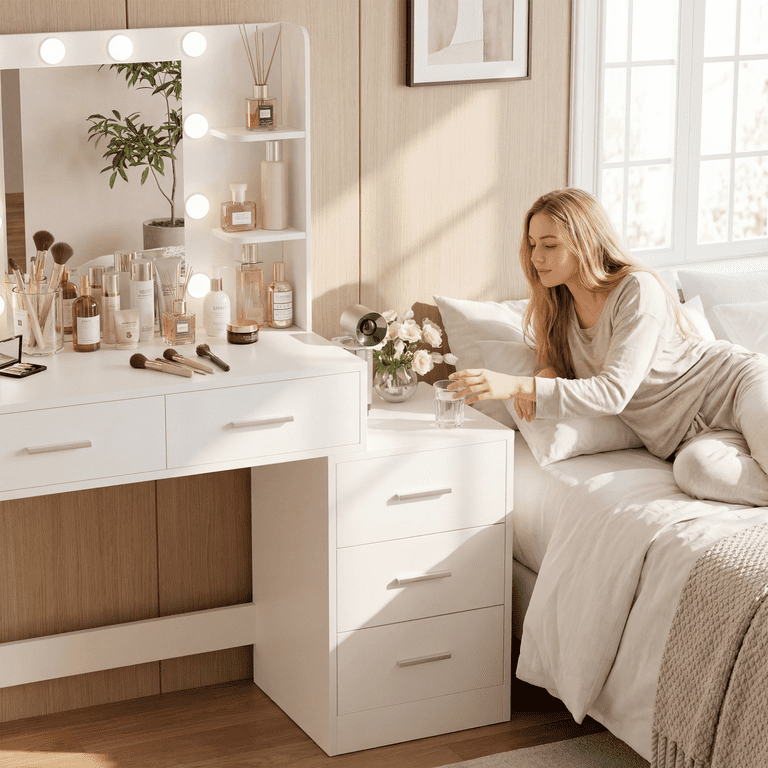 Lacoo Vanity Desk with 5 Drawers & Charging Station, Makeup Vanity with Lights & 4 Shelves, Dressing Table for Bedroom, White