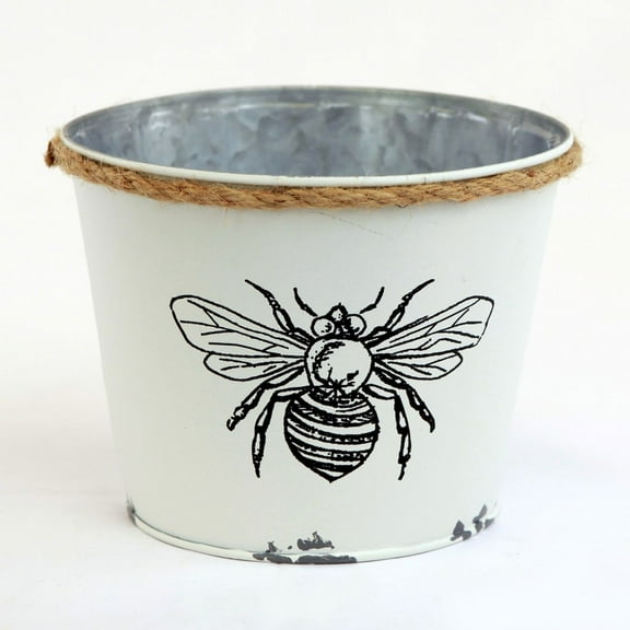 White With Black Bee And Rope Accent Planter