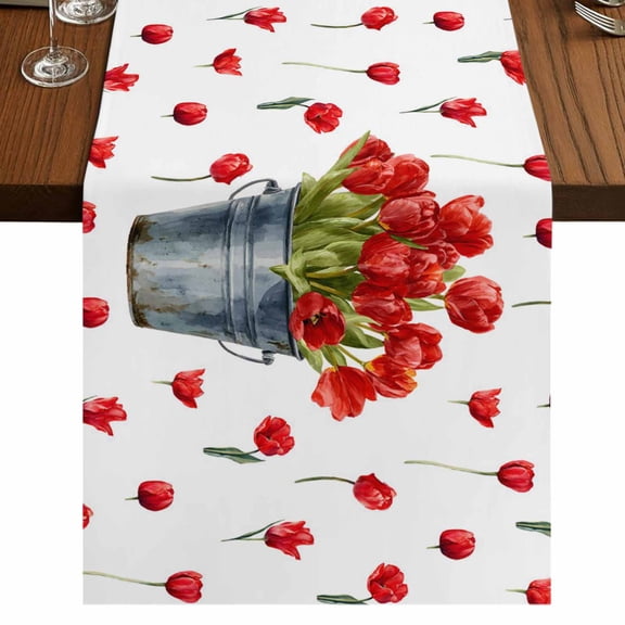 Table Runners 72 Inches Long Dress Scarves, Red Tulip Flowers Farmhouse Kitchen/Dining Table Runner, Coffee Tablerunners, Spring Floral Vintage Drum Rustic 13x72 Inch