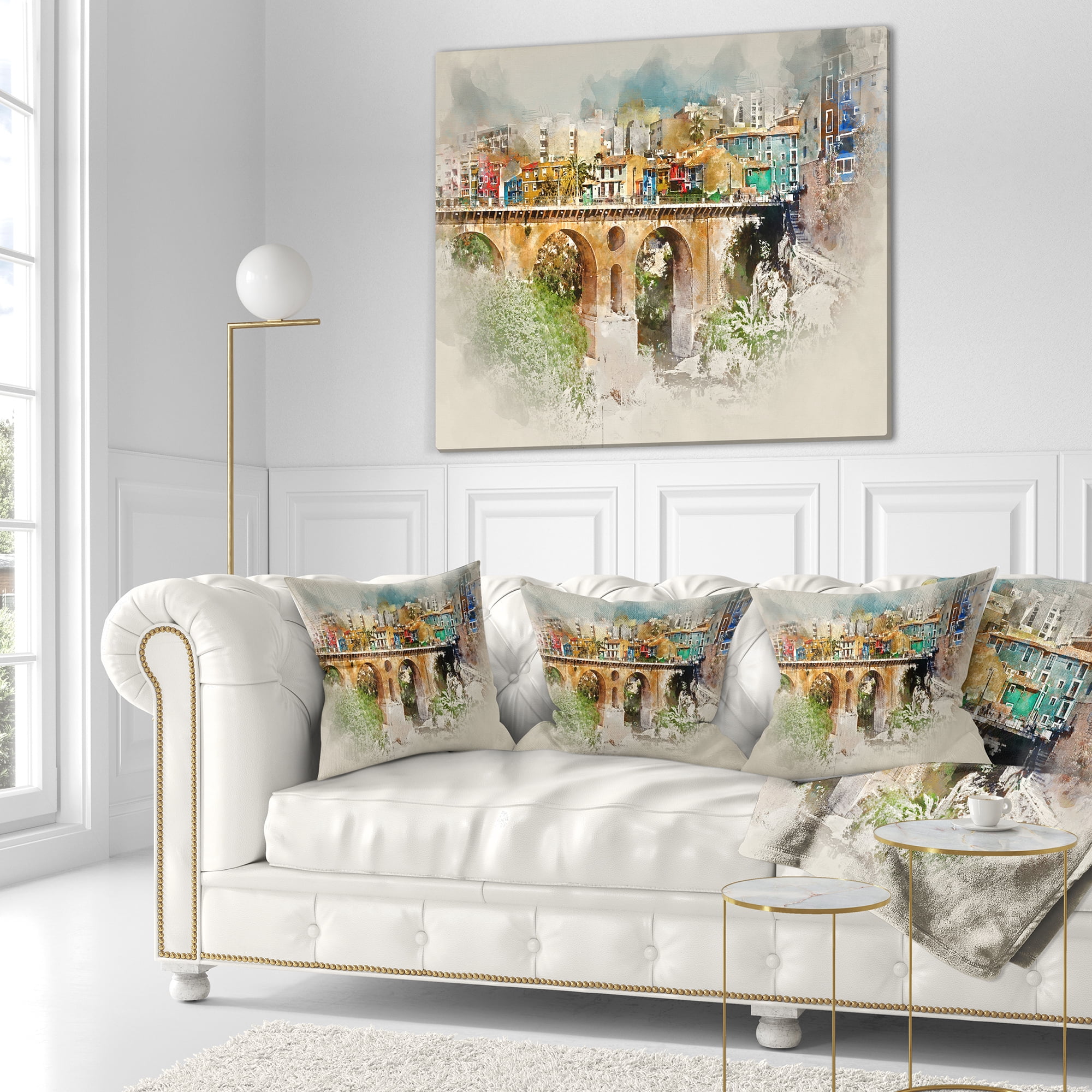 Designart Villajoyosa City Digital Art Bridge - Cityscape Throw Pillow - 18x18
