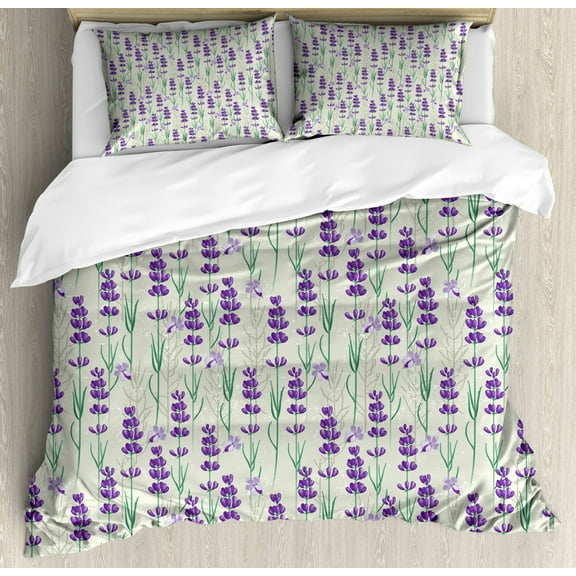 Lavender King Size Duvet Cover Set, Botanical Pattern with Fresh Herbs Aromatherapy Spa Theme, Decorative 3 Piece Bedding Set with 2 Pillow Shams, Pale Sage Green Violet and Green, by Ambesonne