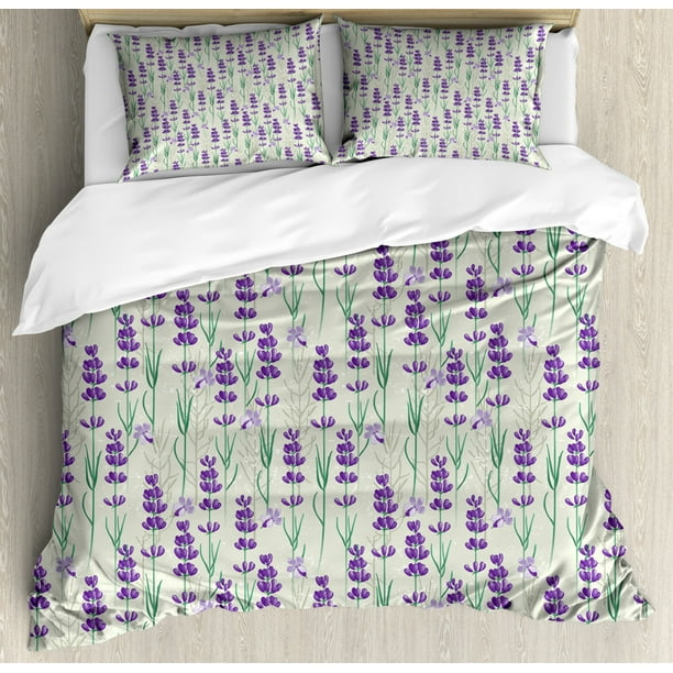 Lavender King Size Duvet Cover Set, Botanical Pattern with Fresh Herbs Aromatherapy Spa Theme, Decorative 3 Piece Bedding Set with 2 Pillow Shams, ...