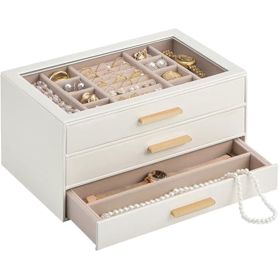 Jewelry Box Organizer, 3-Layer Jewelry Organizers and Storage Case with Glass Lid, Ring Earring Bracelet Necklace Holder Organizer, Birthday Valentine Gifts for Women Girls – 3 Layer, Beige