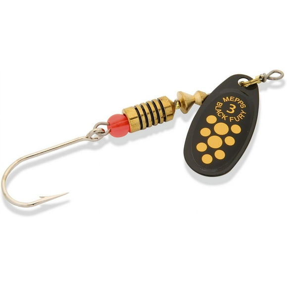 Mepps BF3SS-BYD Black Fury In-Line Spinner #3 1/4oz Siwash Hook Black/Yellow Dots, one of the great all-time Mepps spinners