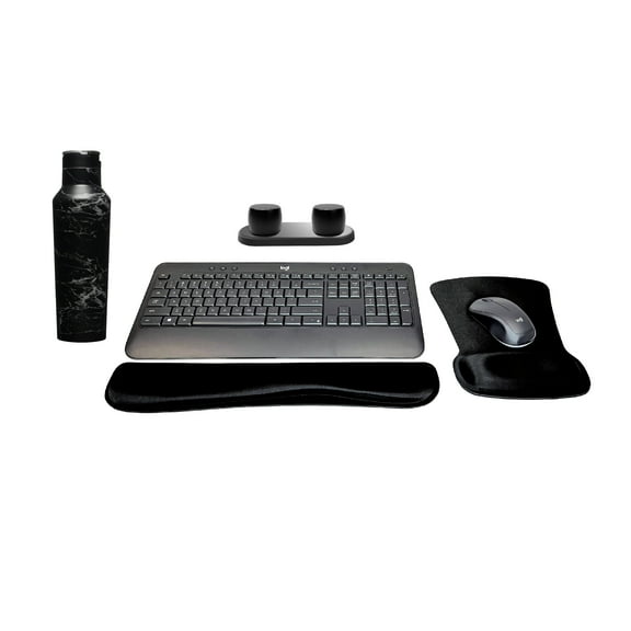 Logitech MK540 Advanced Wireless Keyboard & Mouse Combo Travel Home Office Modern Bundle with 2 Pro Portable Wireless Bluetooth Speakers, Charging Tray, Gel Wrist Pad, Gel Mouse Pad & 20 oz. Canteen