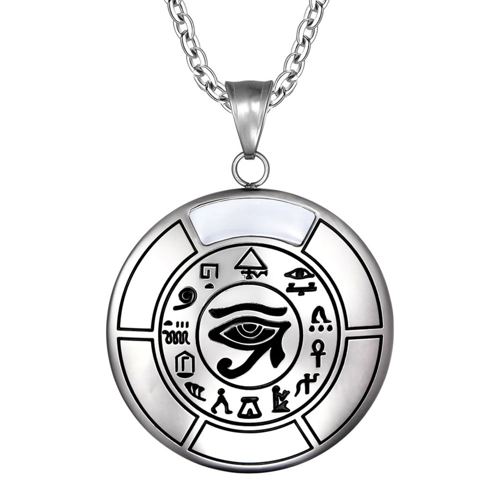 All Seeing and Feeling Eye of Horus Egyptian Amulet White Simulated Cats Eye Pendant 22 inch Necklace