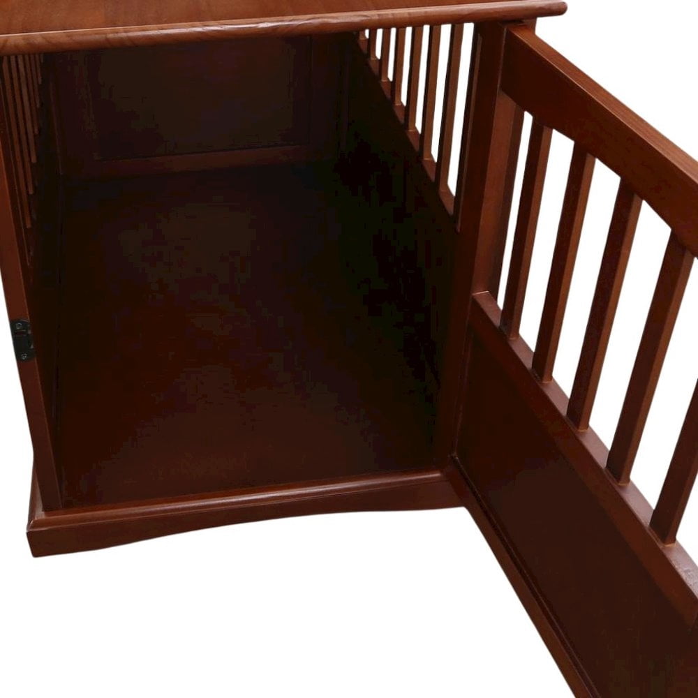 FurniFact Walnut Dog Kennel Furniture with Gate, Solid Wood Dog Crate End Table