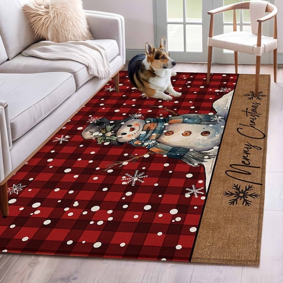 2.7'x5' Area Rugs, Christmas Snowman Indoor Outdoor Area Rug for Living Room Bedroom, Red Black Plaid Winter Snowflake Washable Bathroom Rugs Kitchen Floor Carpet Mats Home Decor Aesthetic