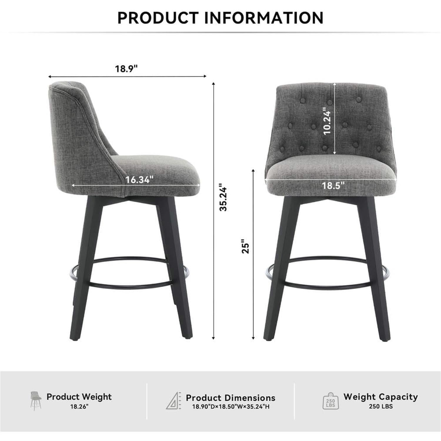 Demi Bonn 35" Counter Height Bar Stools Set of 2, Linen Fabric Swivel Barstools with Tufted Back, Kitchen Island Countertop Chairs for Dining Room, Gray