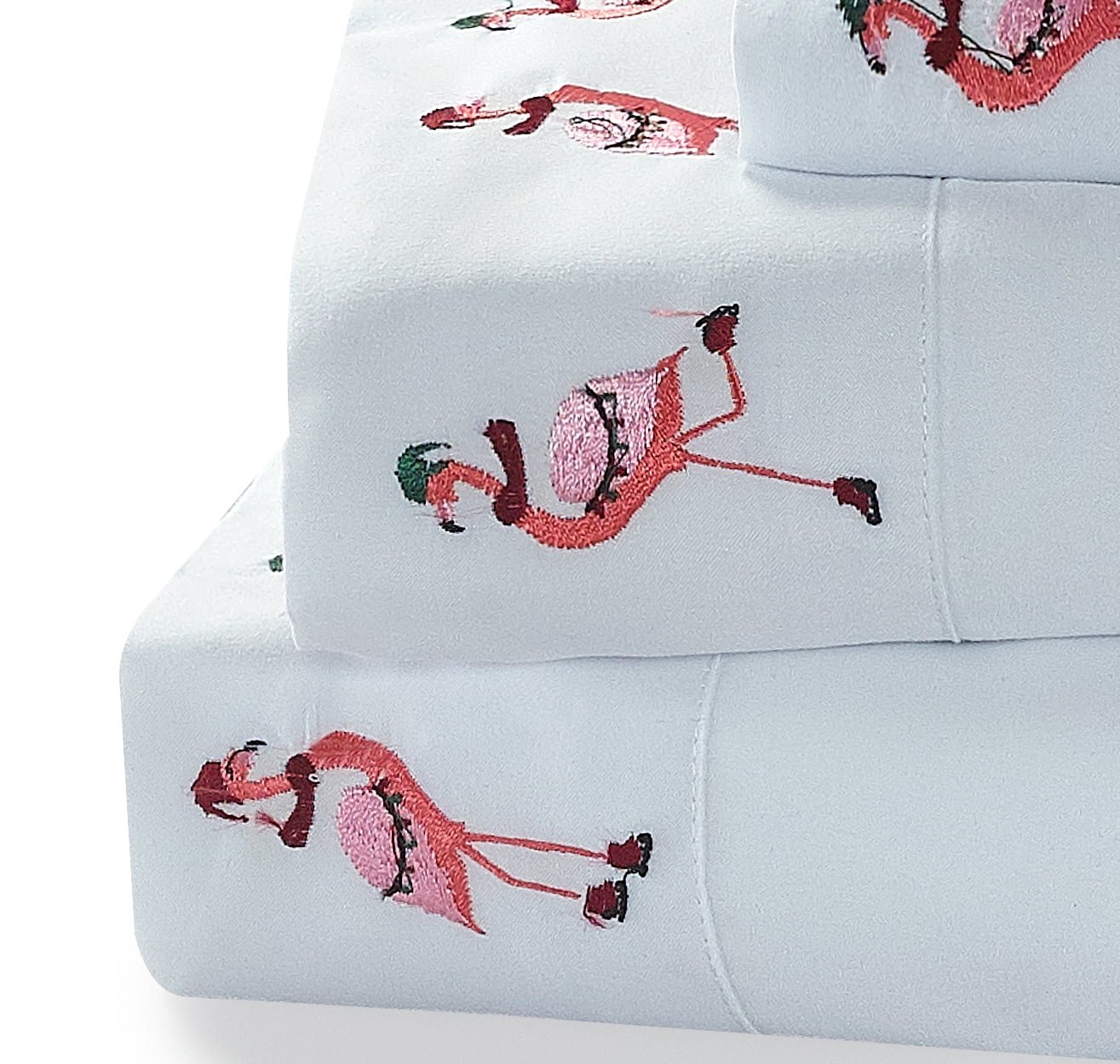 Snow Day Embroidered 4-piece Full-size Skating Flamingo Sheet Set