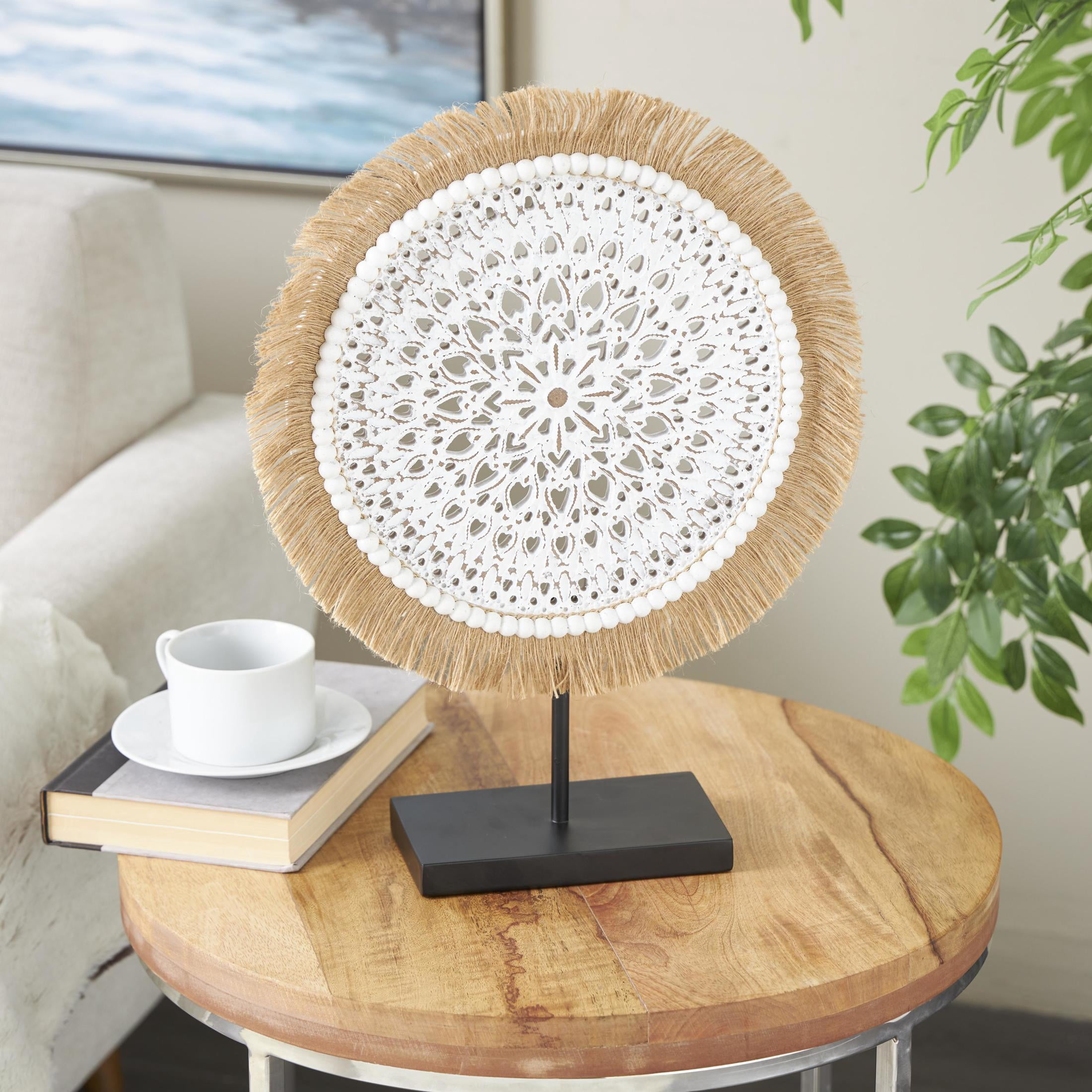 14" x 18" White Wooden Handmade Seagrass Fringed Tribal Sculpture with Black Base, by DecMode