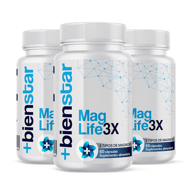 3 Frascos de Mag Life3X +BIENSTAR Magnesio: Citrato, Óxido y Glicinato - Sueño y Relajación