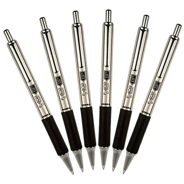 6 Pens Zebra F402 Stainless Steel Retractable Ballpoint Pen, 0.7mm