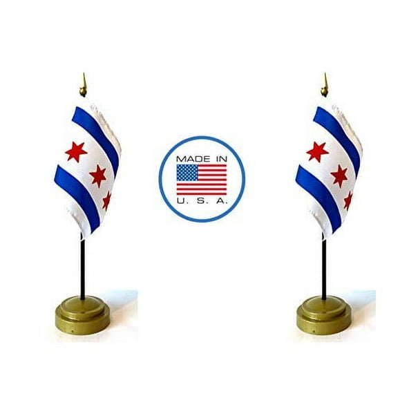 Made in The USA Flag Set. 2 City of Chicago Rayon 4"x6" Miniature Office Desk & Little Hand Waving Table Flags Includes 2 Bronze Flag Stands & 2 Small Mini The Chicago Stick Flags