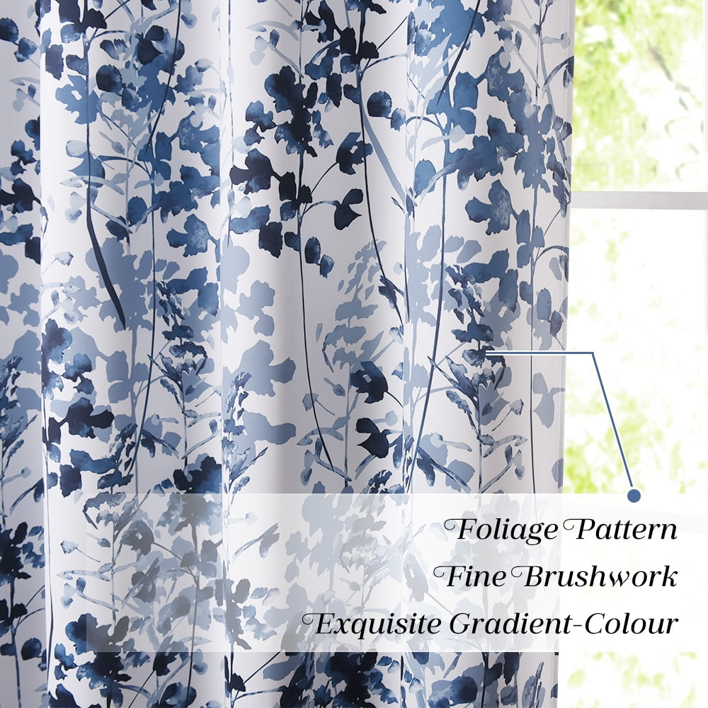 NICETOWN Blackout Floral Curtains for Living Room, Watercolor Foliage Light Blocking Curtains Thermal Insulated Energy Efficient Grommet Drapes, Blue, 52"x84", 2 Panels
